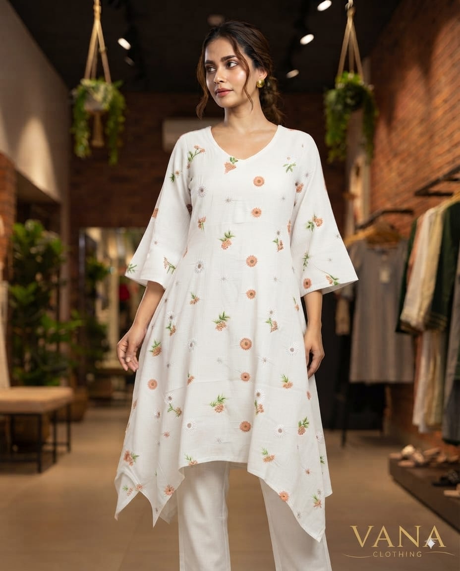 Vana Clothing White Chanderi Art Silk Tunic with Beautiful Floral Thread Embroidery